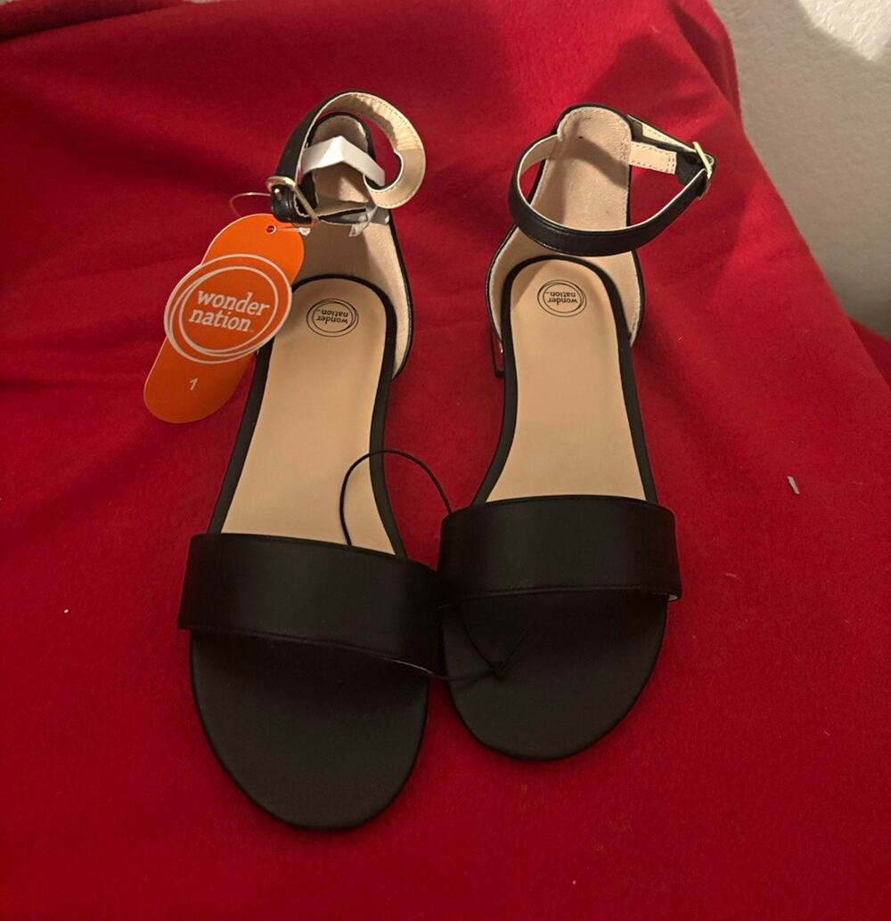 Wonder Nation Girls Black Ankle Strap Comfort Flat Sandals Buckle Size 1
